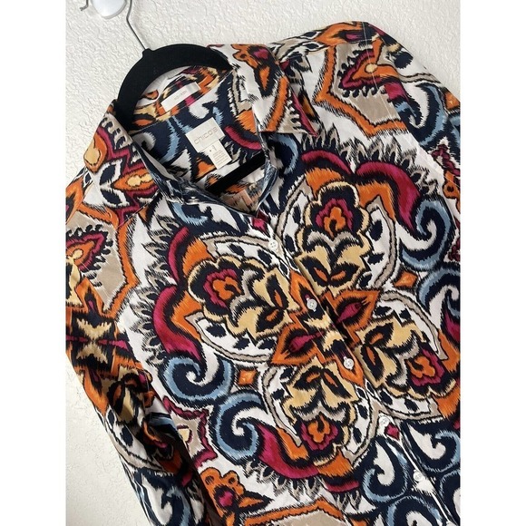 Chico's Womens Button Up Top Size 0 US 4 Ikat Scrolls No Iron Workwear Business‎ - Picture 2 of 11
